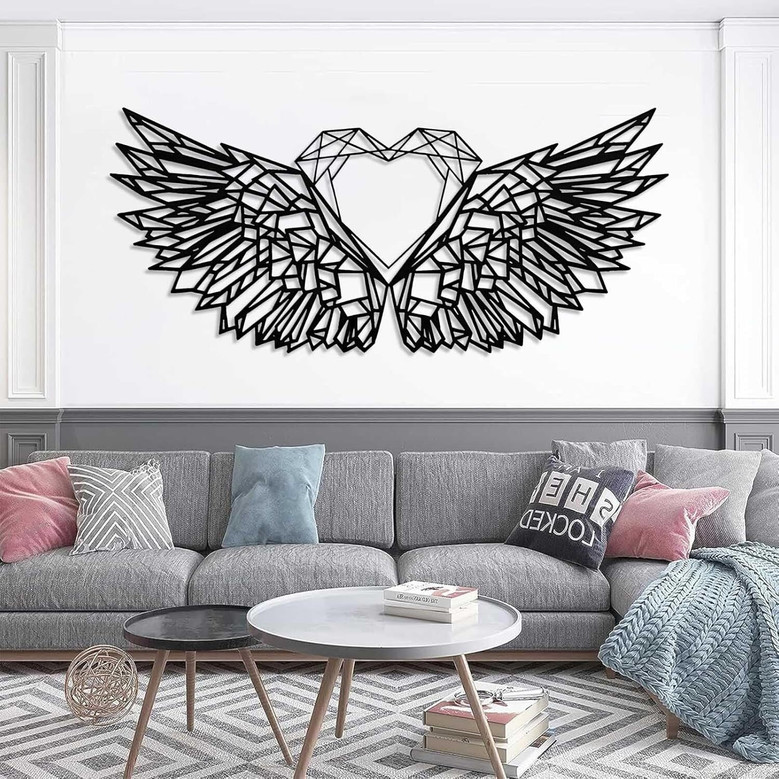 Heartfelt Angel Wings Metal Wall Art For Home—Geometric Diamond Heart Design, Love Gift