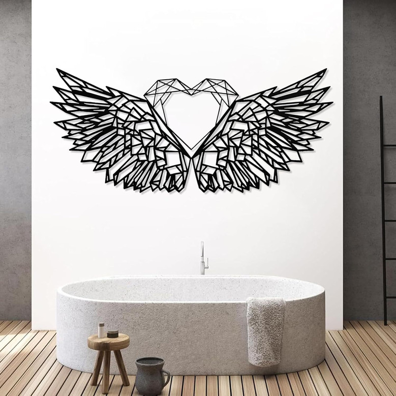 Heartfelt Angel Wings Metal Wall Art For Home—Geometric Diamond Heart Design, Love Gift