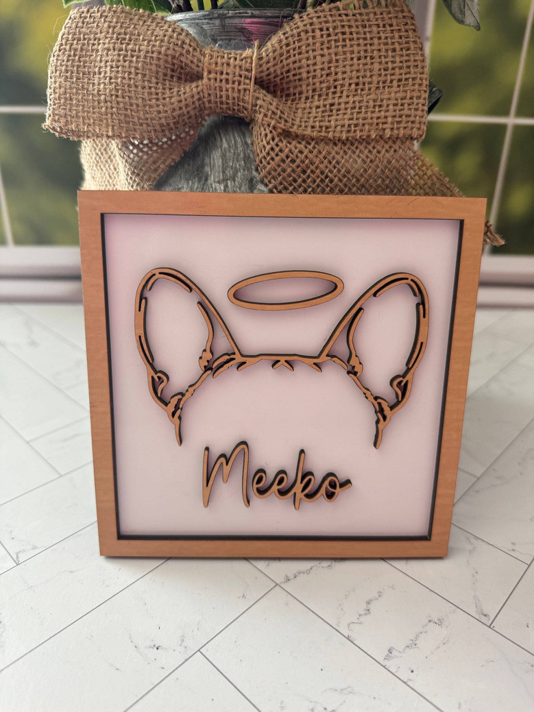 Personalized Pet Memorial Wooden Signs Featuring Dog Ears Line Drawing For Heartfelt Dog Memorial Gift