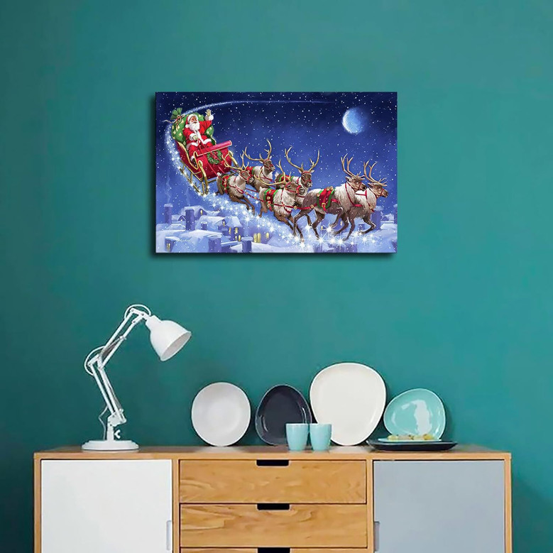 Santa's Sleigh Wall Art And Decor For Living Room Or Office - Christmas Canvas Poster With Santa, Reindeer And Bedroom Decoration