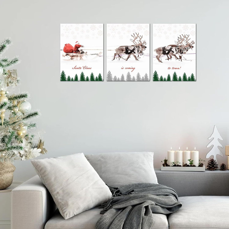 Thoughtful Santa's Sleigh Wall Art Canvas Set Of 3 For Holiday Decor - Festive Living Room Christmas Design