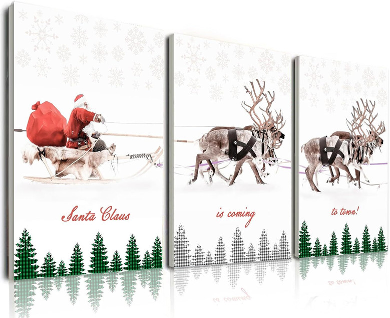 Thoughtful Santa's Sleigh Wall Art Canvas Set Of 3 For Holiday Decor - Festive Living Room Christmas Design