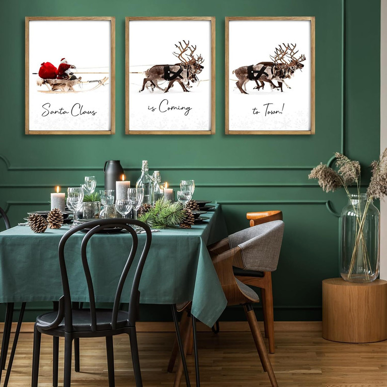 Santa's Sleigh Canvas Wall Art - Festive Christmas Decor For Living Room - Set Of 3 Prints With Deer And Santa Claus
