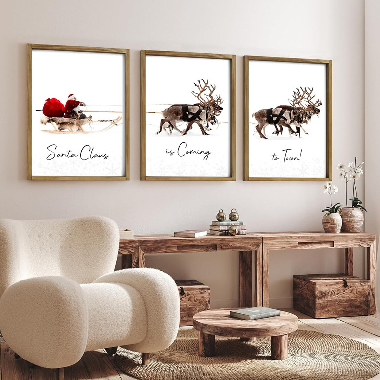 Santa's Sleigh Canvas Wall Art - Festive Christmas Decor For Living Room - Set Of 3 Prints With Deer And Santa Claus
