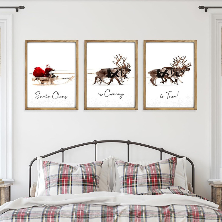 Santa's Sleigh Canvas Wall Art - Festive Christmas Decor For Living Room - Set Of 3 Prints With Deer And Santa Claus