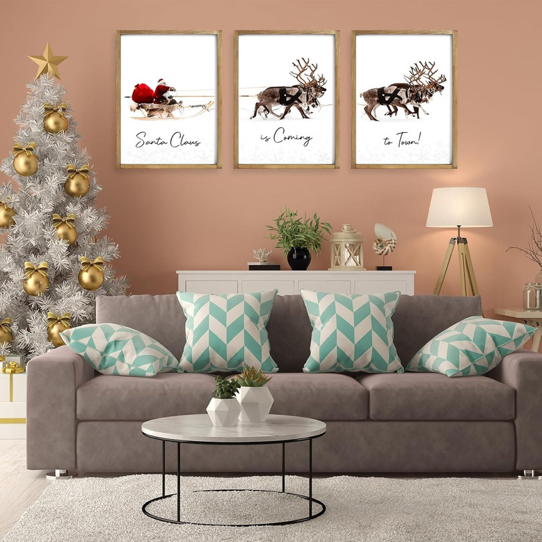 Santa's Sleigh Canvas Wall Art - Festive Christmas Decor For Living Room - Set Of 3 Prints With Deer And Santa Claus