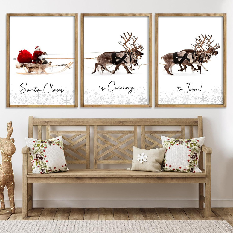 Santa's Sleigh Canvas Wall Art - Festive Christmas Decor For Living Room - Set Of 3 Prints With Deer And Santa Claus