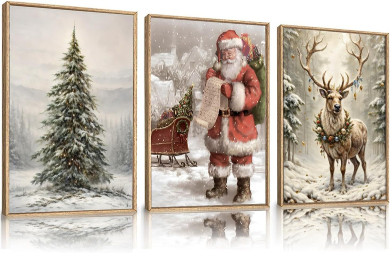 Vintage Christmas Canvas Set With Santa's Sleigh - Nostalgic Winter Wall Art For Living Room & Bedroom