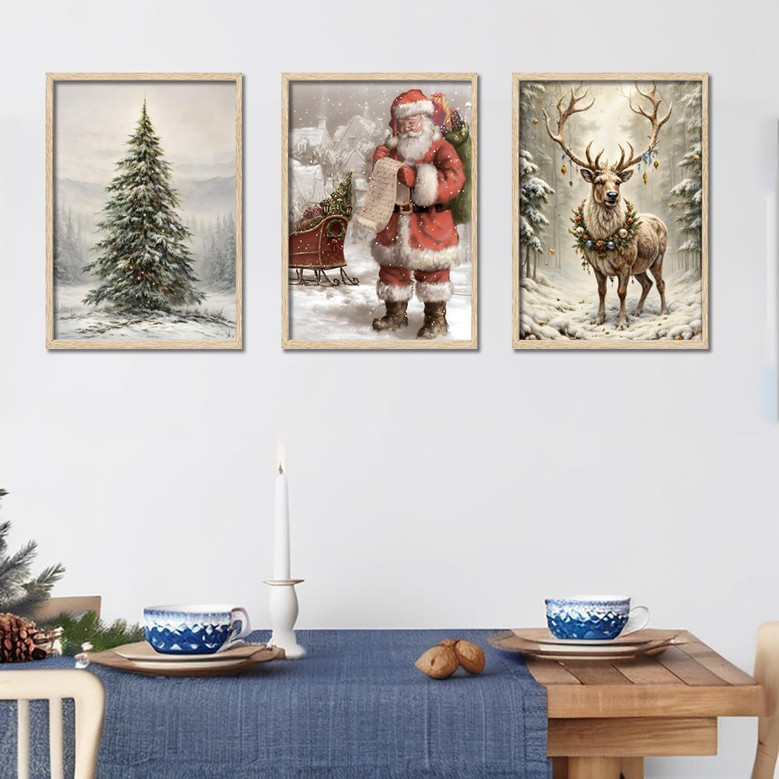Vintage Christmas Canvas Set With Santa's Sleigh - Nostalgic Winter Wall Art For Living Room & Bedroom