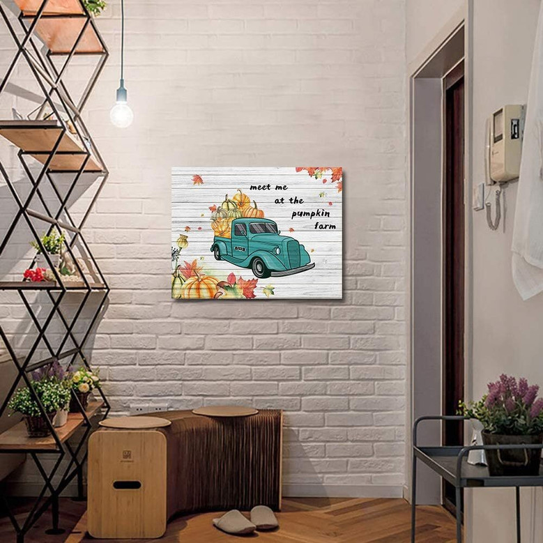 Thanksgiving Wall Art And Decor - Pumpkin Green Truck Canvas For Living Room Or Bedroom