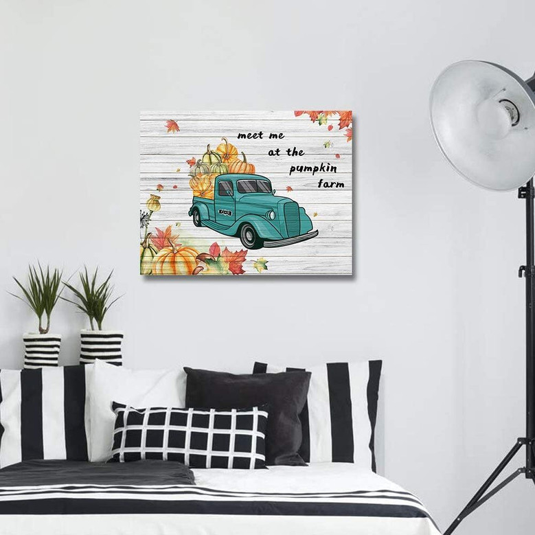 Thanksgiving Wall Art And Decor - Pumpkin Green Truck Canvas For Living Room Or Bedroom