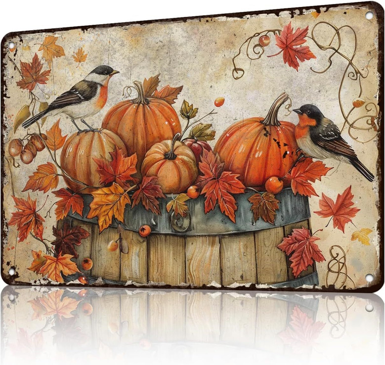 Rustic Thanksgiving Metal Sign - Pumpkin Kitchen Decor For Home - Retro Farmhouse Wall Art