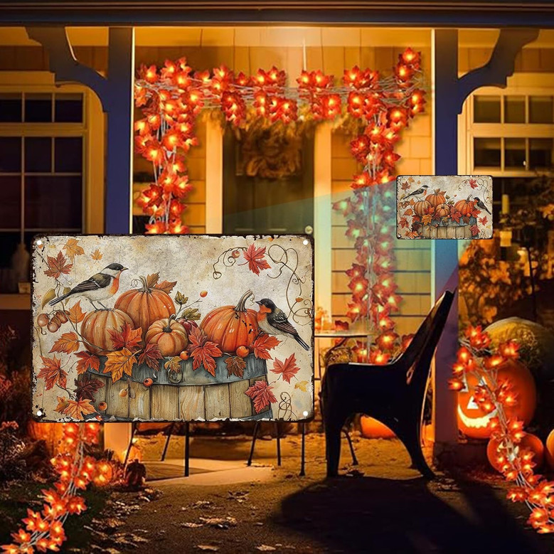 Rustic Thanksgiving Metal Sign - Pumpkin Kitchen Decor For Home - Retro Farmhouse Wall Art
