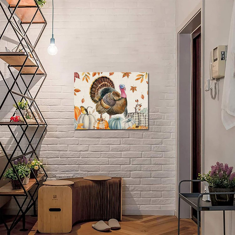 Thanksgiving Turkey Canvas Print For Living Room Or Bedroom - Farmhouse Style Fall Pumpkins & Leaves Holiday DéCor
