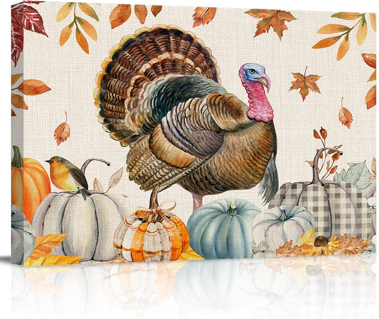 Thanksgiving Turkey Canvas Print For Living Room Or Bedroom - Farmhouse Style Fall Pumpkins & Leaves Holiday DéCor