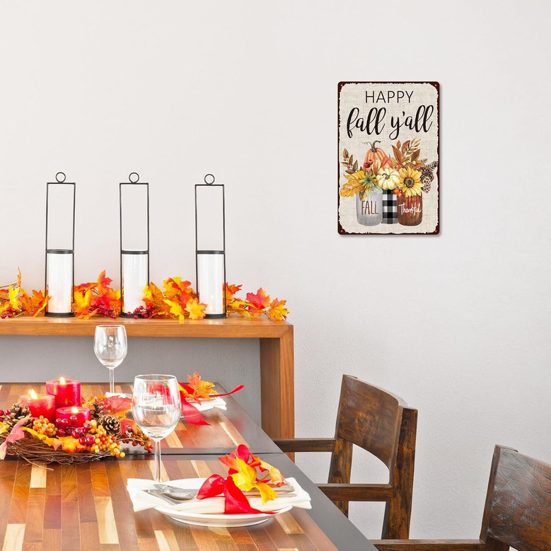 Retro Thanksgiving Wall Art Decor Metal Sign With Pumpkin & Leaves For Club, Bar Or Garage Holiday Decoration