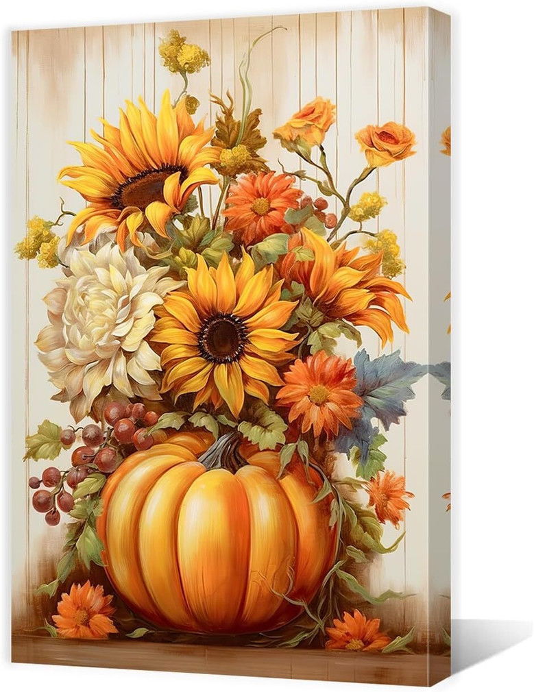Pumpkin Sunflower Thanksgiving Canvas Wall Art For Living Room, Fall Harvest Decor