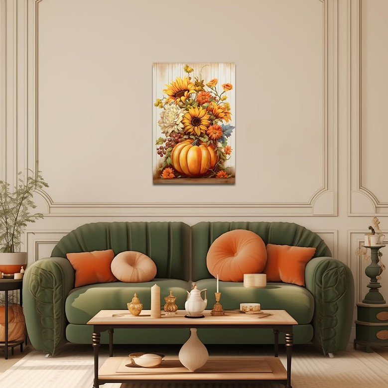 Pumpkin Sunflower Thanksgiving Canvas Wall Art For Living Room, Fall Harvest Decor