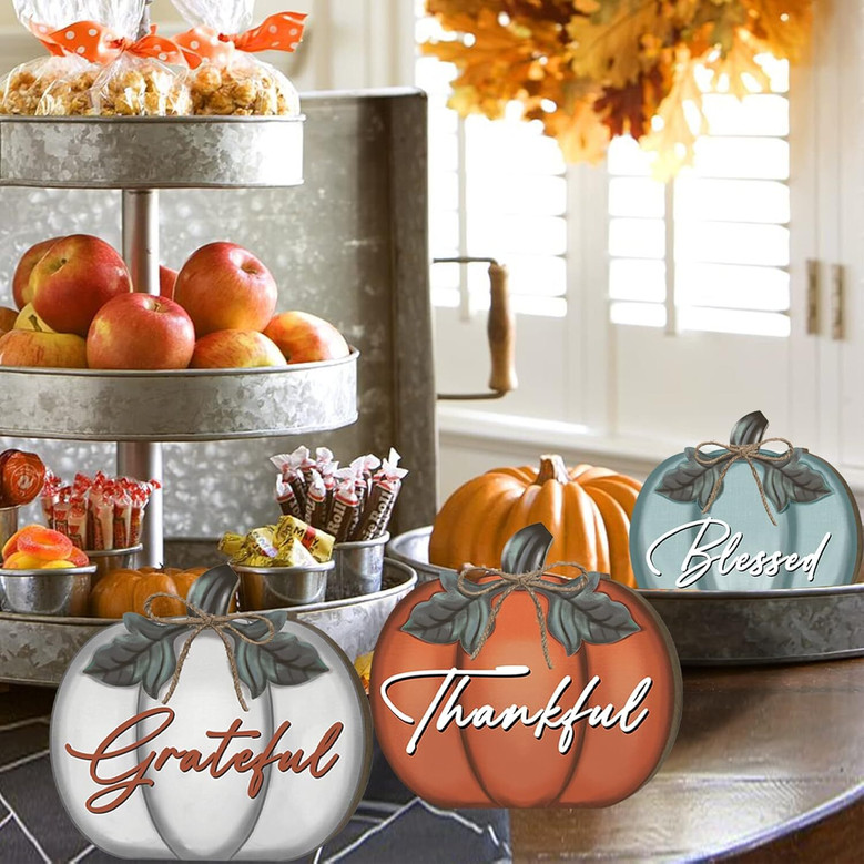 Thanksgiving Wall Art And Decor - Farmhouse Wooden Pumpkin Signs For Living Room And Dining Table