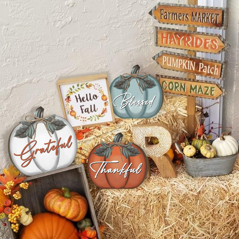 Thanksgiving Wall Art And Decor - Farmhouse Wooden Pumpkin Signs For Living Room And Dining Table