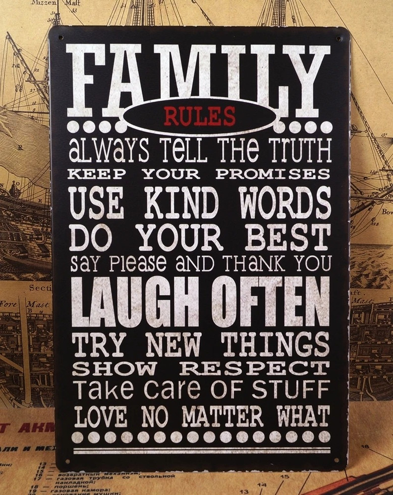 Vintage Style Family Rules Tin Sign For Home Bars Cafes - Thoughtful Wall Art Decoration