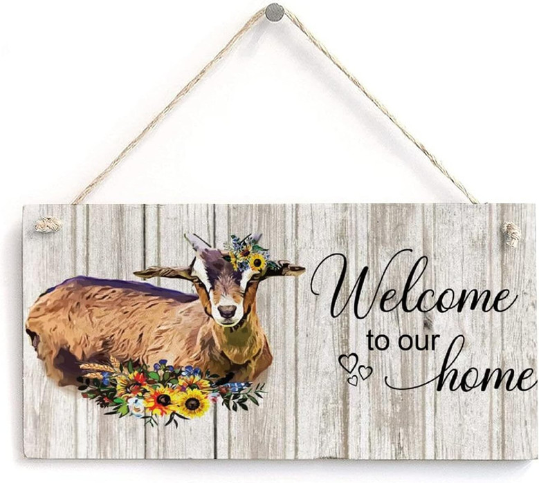 Rustic Farmhouse Wood Goat Sign - Vintage Goats Watercolor Design For Living Room Or Garden