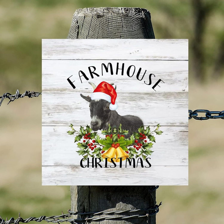 Retro Wooden Goat Sign With Red Hat And Mistletoe For Farmhouse Christmas Wall Decor - Entryway And Porch Plaque