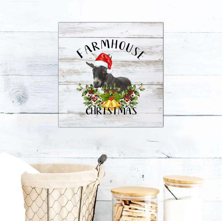 Retro Wooden Goat Sign With Red Hat And Mistletoe For Farmhouse Christmas Wall Decor - Entryway And Porch Plaque