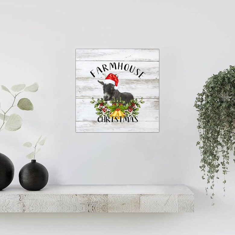 Retro Wooden Goat Sign With Red Hat And Mistletoe For Farmhouse Christmas Wall Decor - Entryway And Porch Plaque