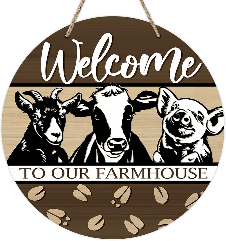 Rustic Wood Goat Sign For Farmhouse Porch - Farm Animals Welcome Door Hanger Indoor Outdoor Decor