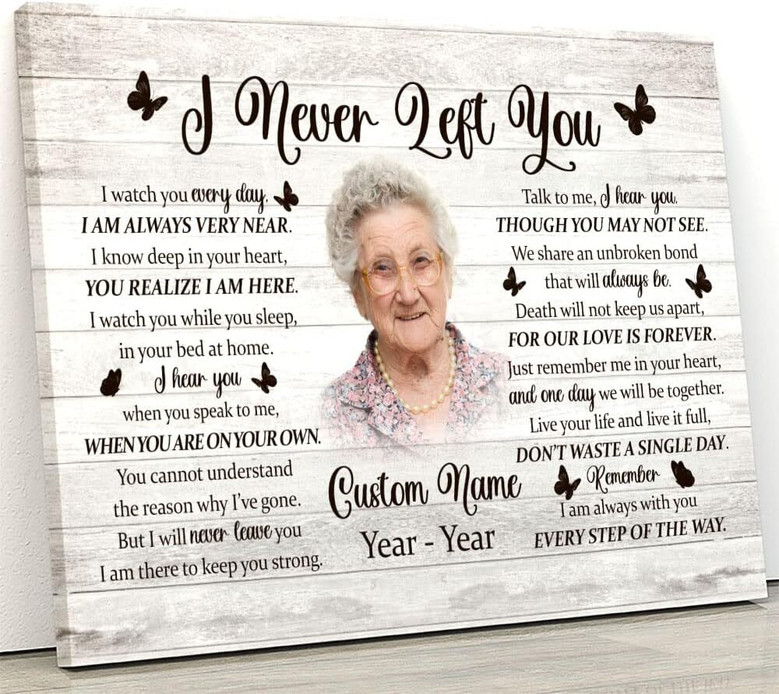 Grandma memorial canvas print, 'I Never Left You' condolence verse, thoughtful living room tribute decor and sympathy gift