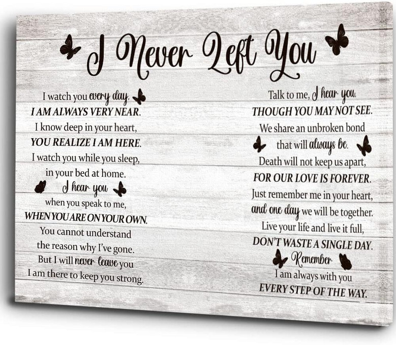 Grandma memorial canvas wall art featuring 'I Never Left You' verse, condolence gift suited for a serene living room tribute