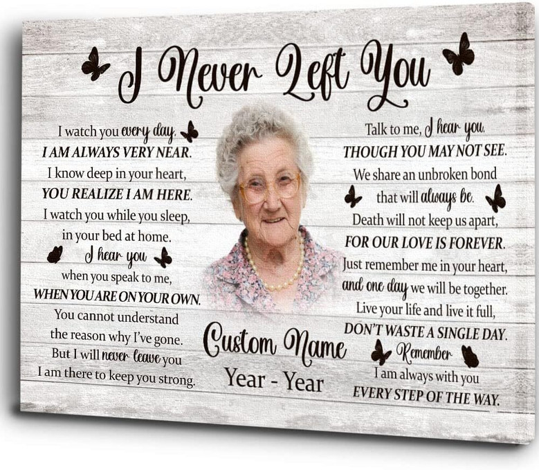 Grandma remembrance canvas wall art with 'I Never Left You' poem, thoughtful sympathy gift, ideal for a living room tribute
