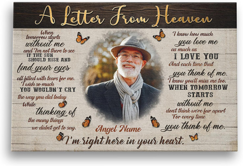 Jesus memorial canvas wall art sympathy gift, personalized grandma tribute with Letter from Heaven, blue sky and doves accent