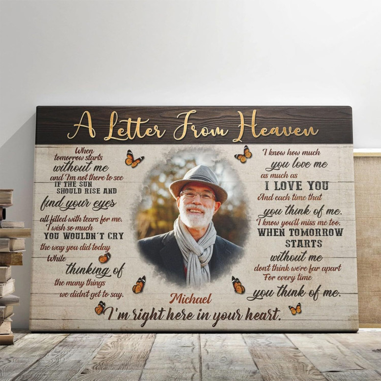 Jesus memorial canvas wall art for grandma loss, personalized with name and dates, Letter from Heaven poem over soft clouds