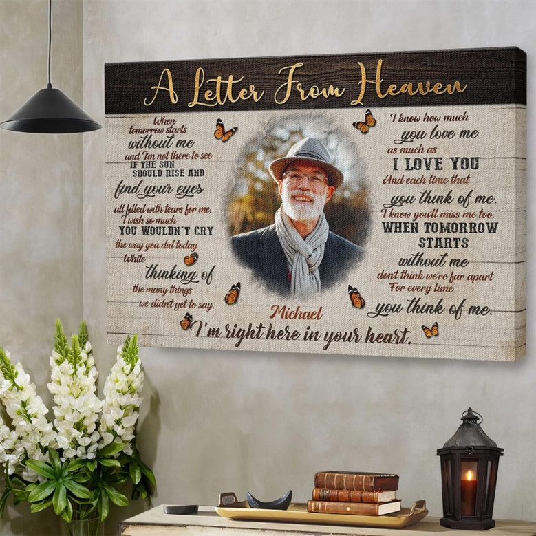 Jesus memorial canvas wall art, custom grandma remembrance with Letter from Heaven, names and dates on rustic wood background