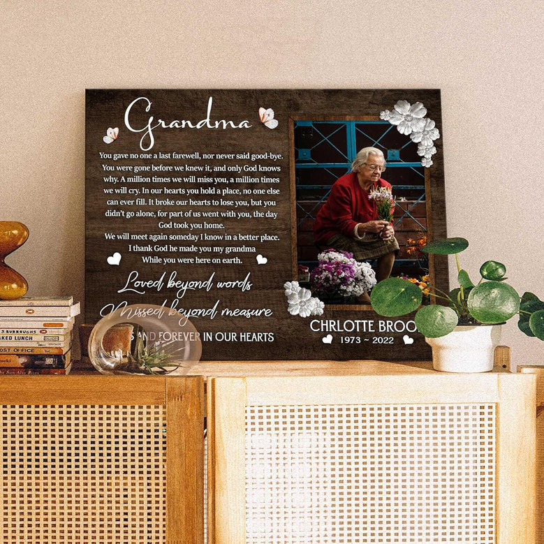 Grandma sympathy memorial canvas wall art, custom text with names and dates, thoughtful bereavement gift for family