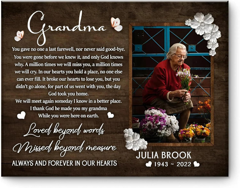 Grandma memorial canvas wall art, personalized with family names and dates; heartfelt remembrance decor for the living room