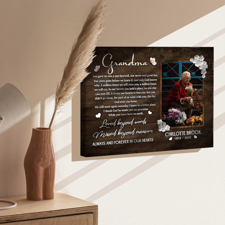 Grandma loss tribute wall art canvas, personalized with grandchildren names and memorial date, meaningful home decor