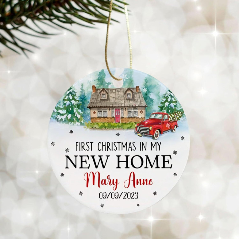 Custom Living Room Ornament - First Christmas In New Home 2025 With Red Car Tree Design