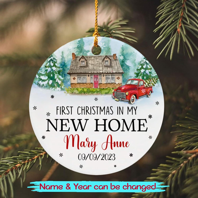 Custom Living Room Ornament - First Christmas In New Home 2025 With Red Car Tree Design