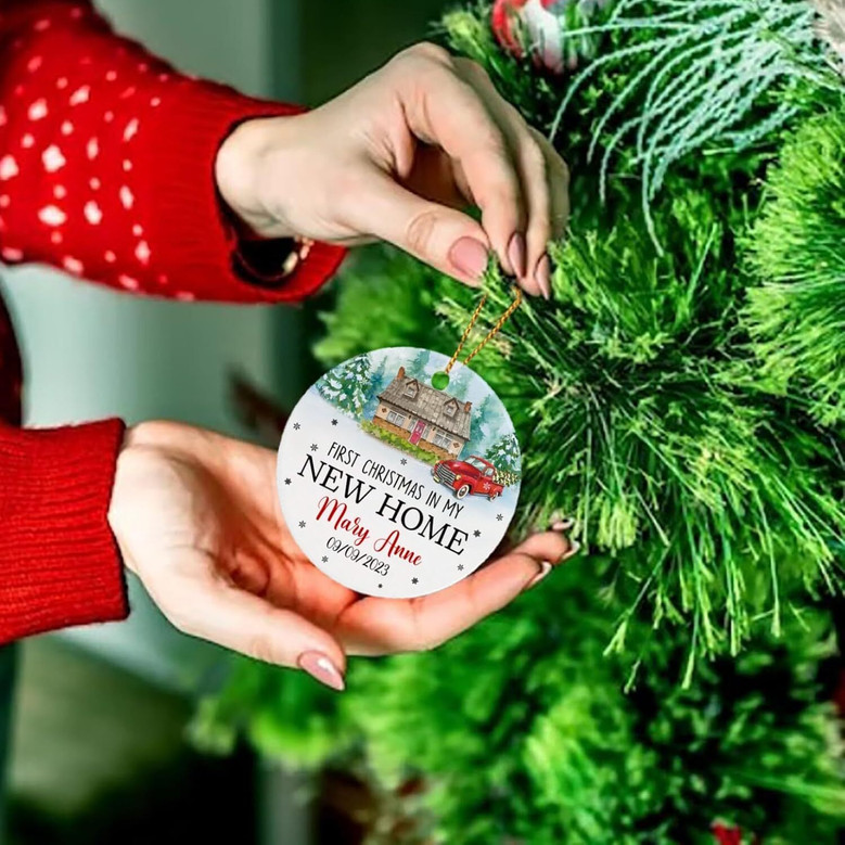 Custom Living Room Ornament - First Christmas In New Home 2025 With Red Car Tree Design