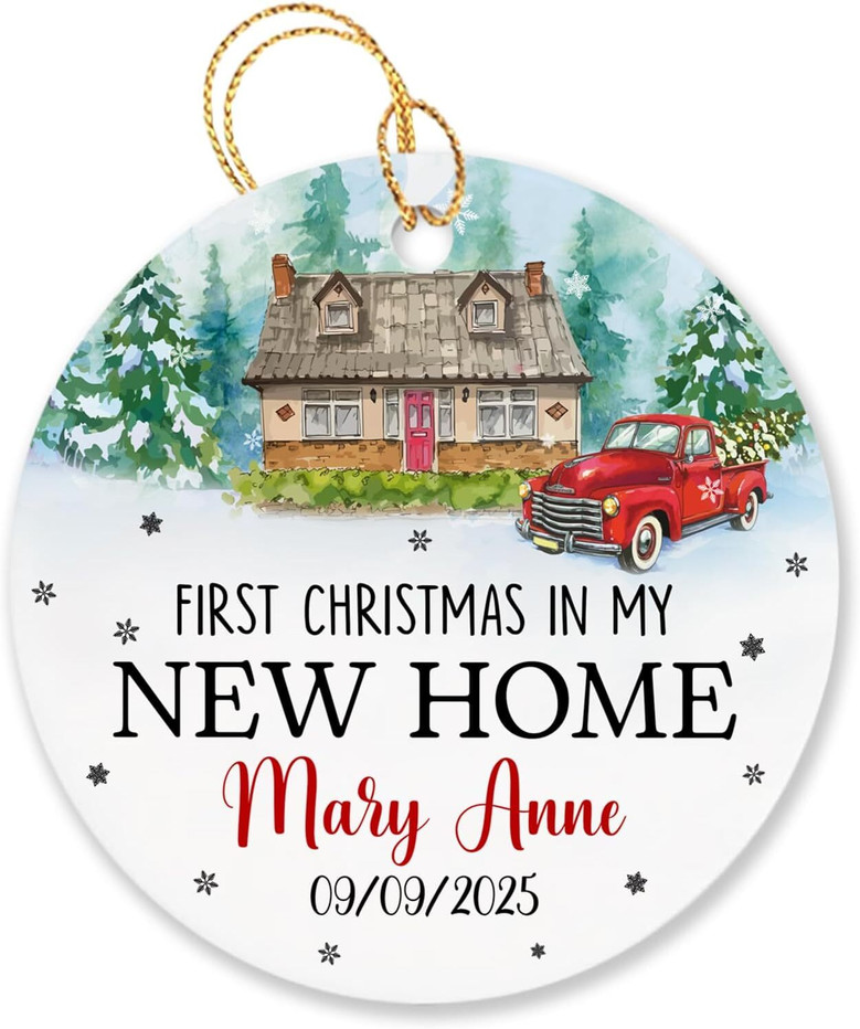 Custom Living Room Ornament - First Christmas In New Home 2025 With Red Car Tree Design