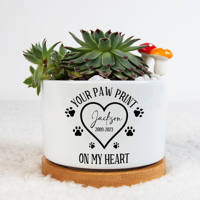 Heartfelt Personalized Pet Memorial Plant Pot For Dog Sympathy - Custom Condolences Gift With Bamboo Tray