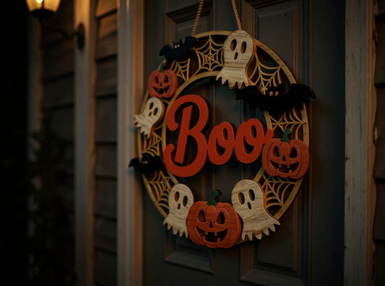 Cute Spooky Halloween Boo Round Wood Sign - Ghost & Pumpkin Decor for Indoor or Outdoor Use