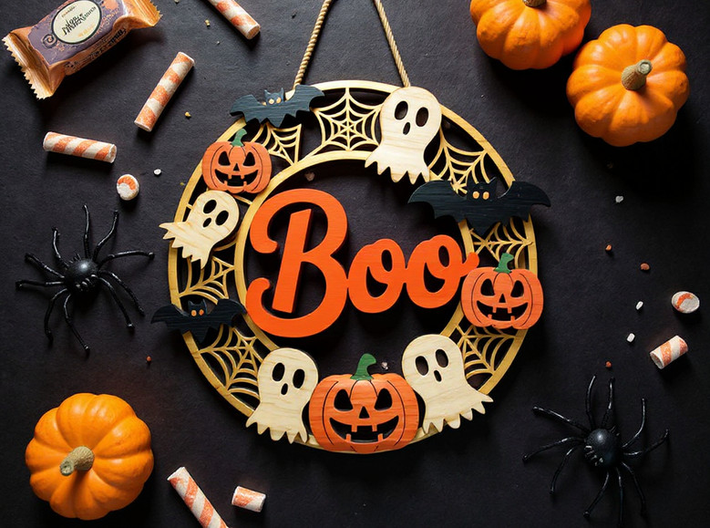 Cute Spooky Halloween Boo Round Wood Sign - Ghost & Pumpkin Decor for Indoor or Outdoor Use