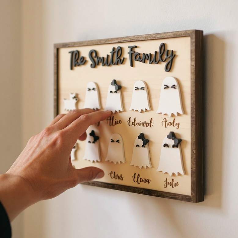 Rustic Ghost Family Wooden Sign For Halloween - Personalized Spooky Decor For Home Kitchen