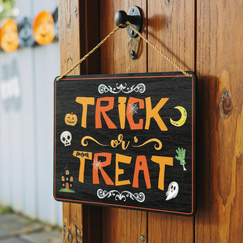 Trick Or Treat Wooden Door Sign For Spooky Halloween DéCor - Hanging Decoration For Home Entryway