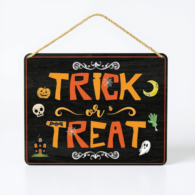 Trick Or Treat Wooden Door Sign For Spooky Halloween DéCor - Hanging Decoration For Home Entryway