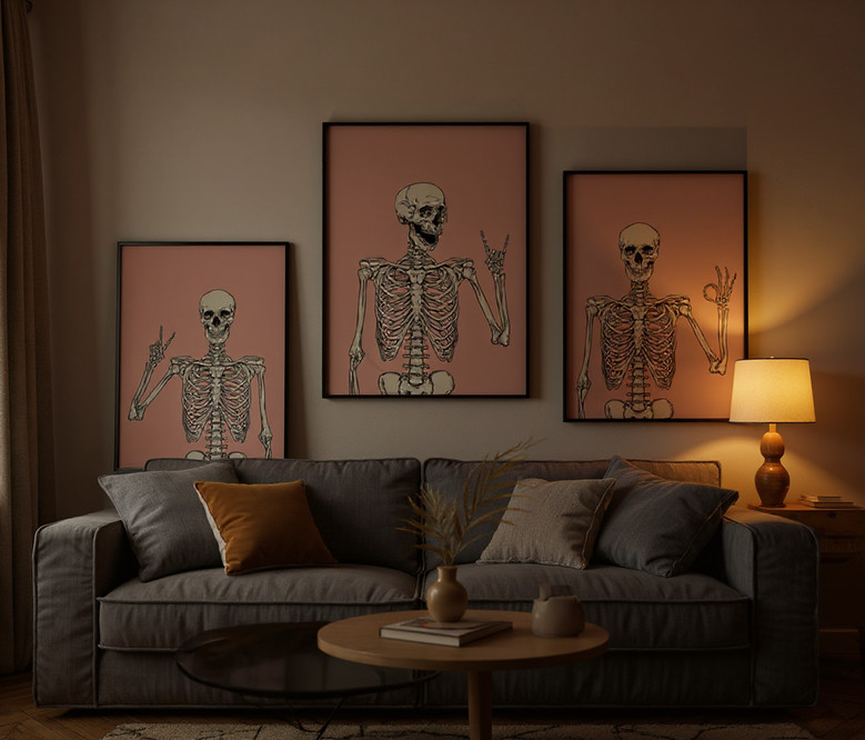 Minimalist skeleton wall art set, dusty pink canvas decor with playful bones motif for Halloween party and modern bedroom